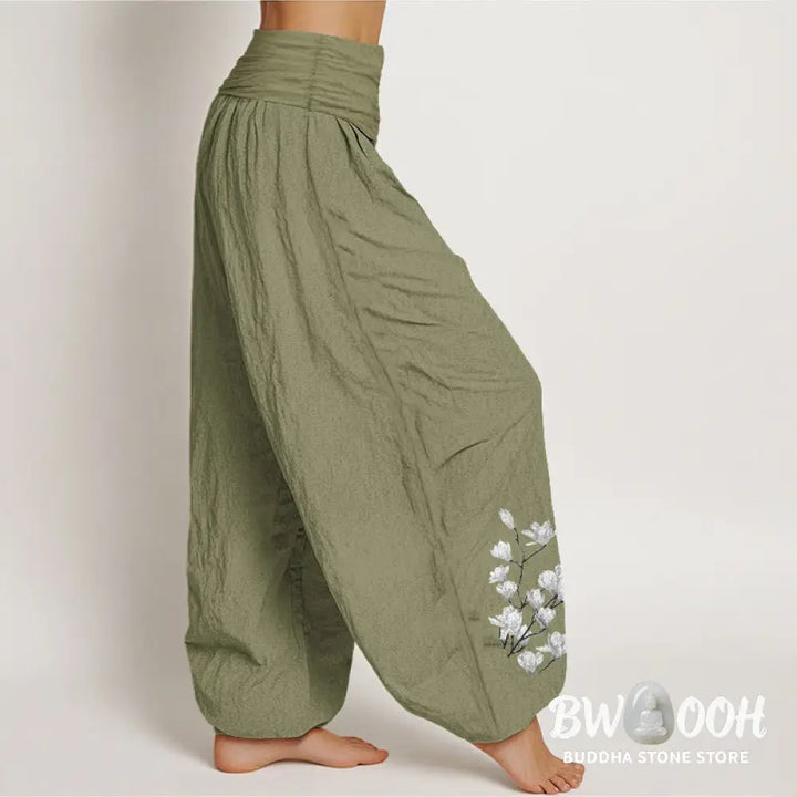 Buddha Stones Pure Cotton Minimalist Style Magnolia Flower Pattern Women’s Elastic Waist Harem Pants - Women’s Harem