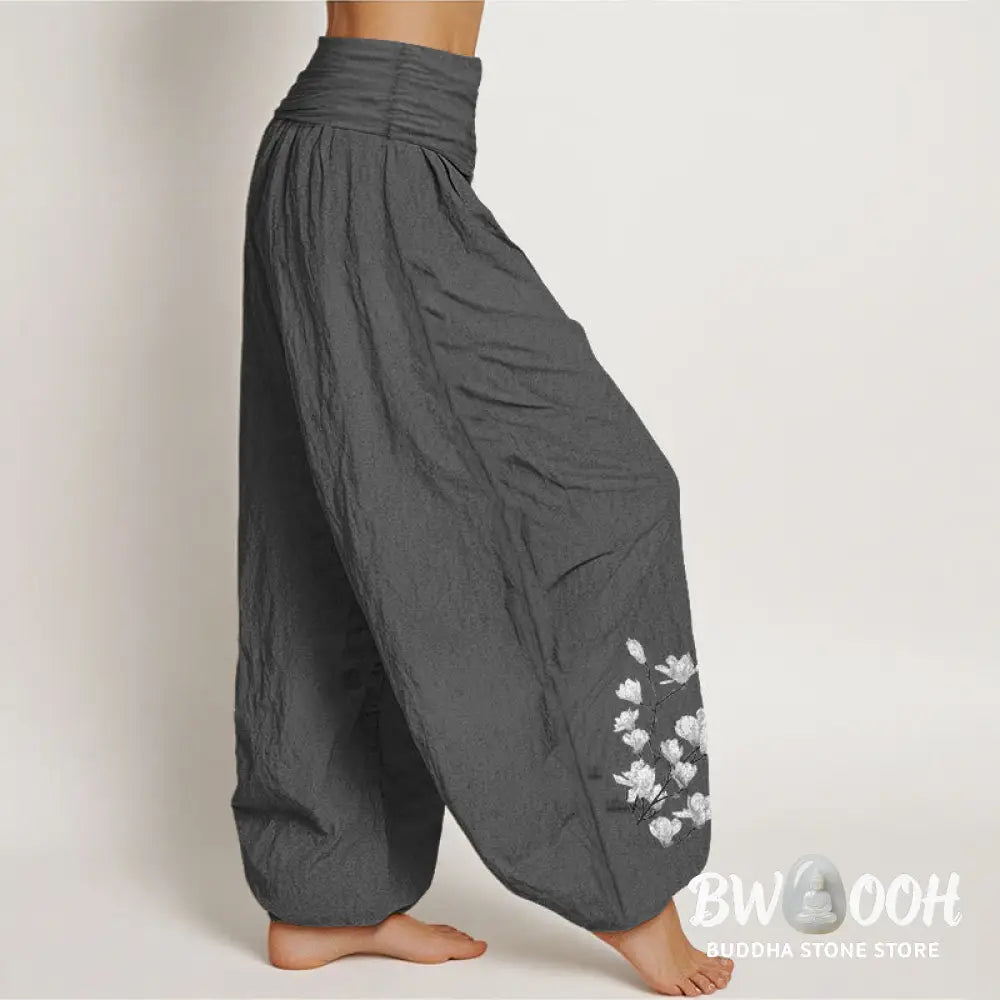 Buddha Stones Pure Cotton Minimalist Style Magnolia Flower Pattern Women’s Elastic Waist Harem Pants - Women’s Harem