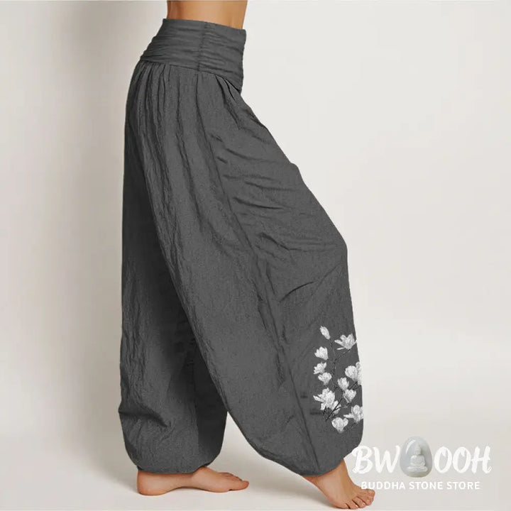 Buddha Stones Pure Cotton Minimalist Style Magnolia Flower Pattern Women’s Elastic Waist Harem Pants - Women’s Harem