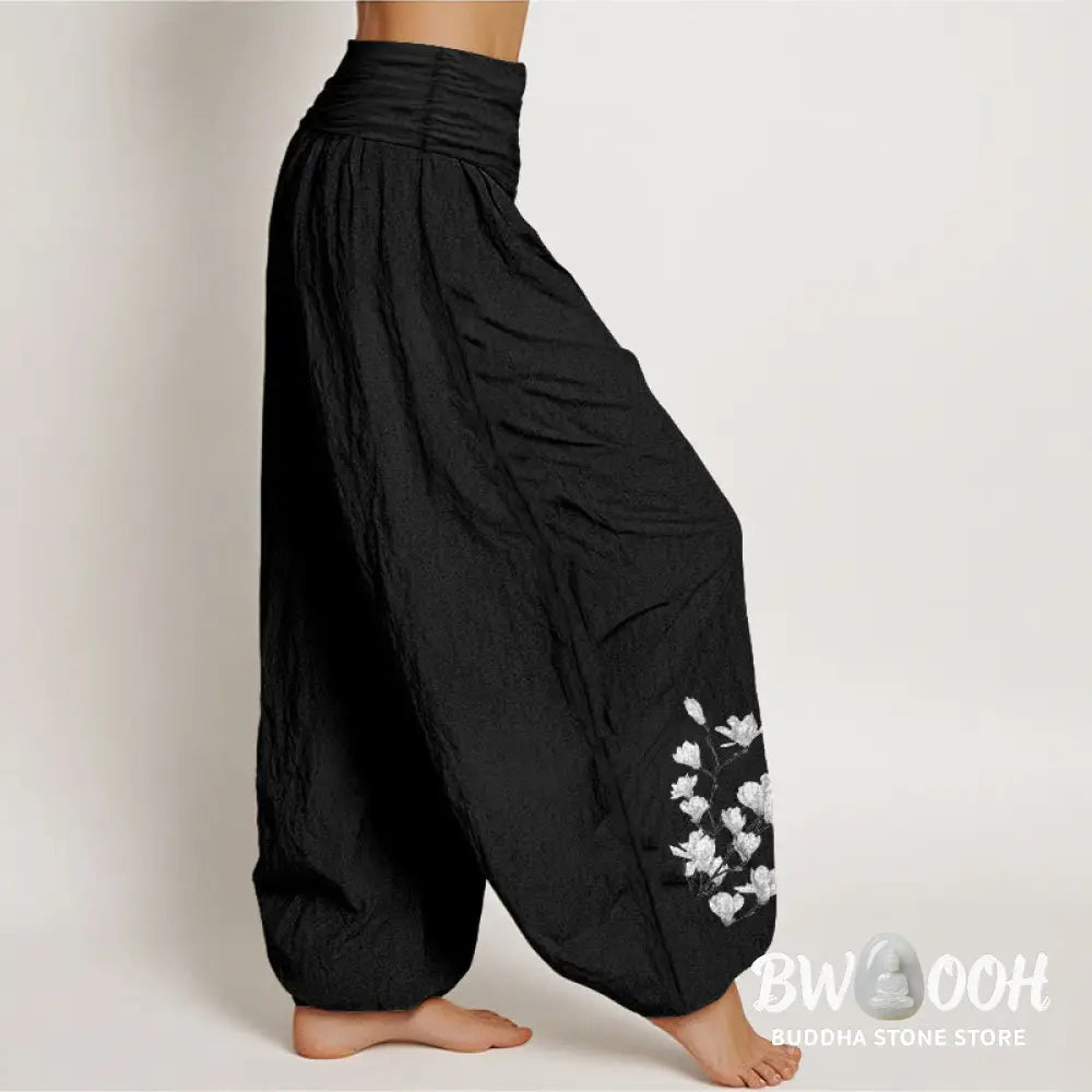 Buddha Stones Pure Cotton Minimalist Style Magnolia Flower Pattern Women’s Elastic Waist Harem Pants - Women’s Harem