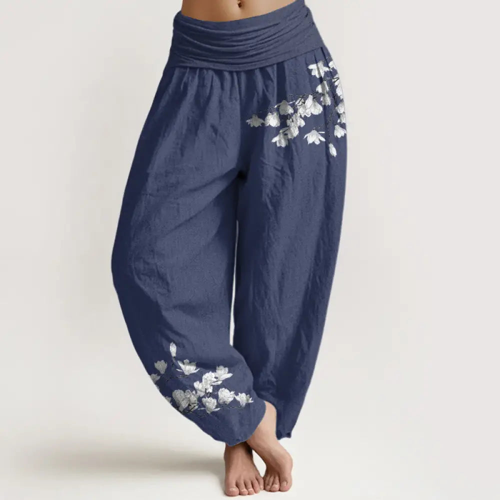 Buddha Stones Pure Cotton Minimalist Style Magnolia Flower Pattern Women’s Elastic Waist Harem Pants - DarkSlateBlue
