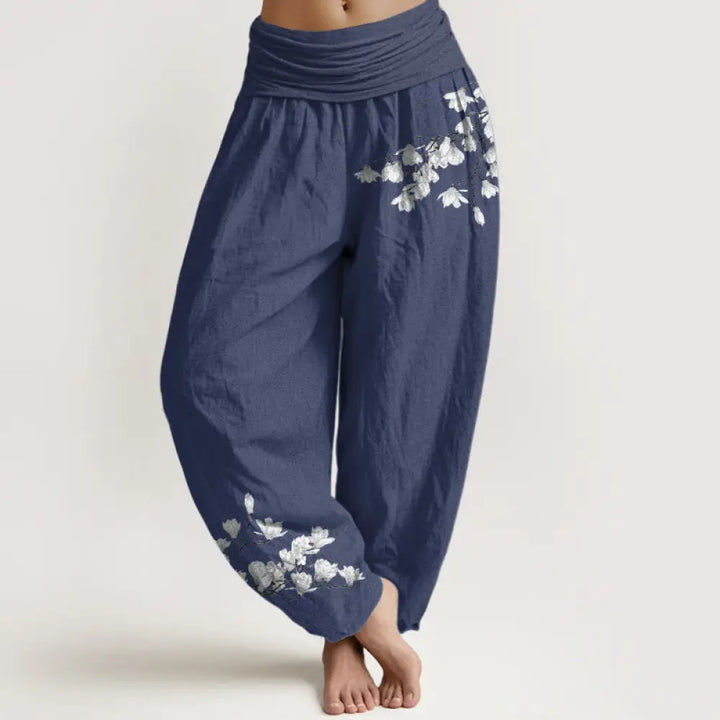 Buddha Stones Pure Cotton Minimalist Style Magnolia Flower Pattern Women’s Elastic Waist Harem Pants - DarkSlateBlue