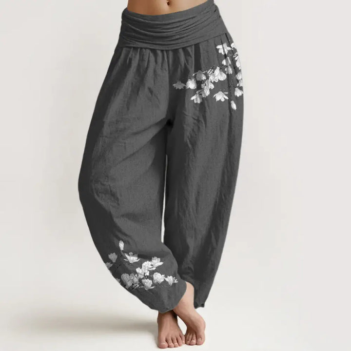 Buddha Stones Pure Cotton Minimalist Style Magnolia Flower Pattern Women’s Elastic Waist Harem Pants - DimGray