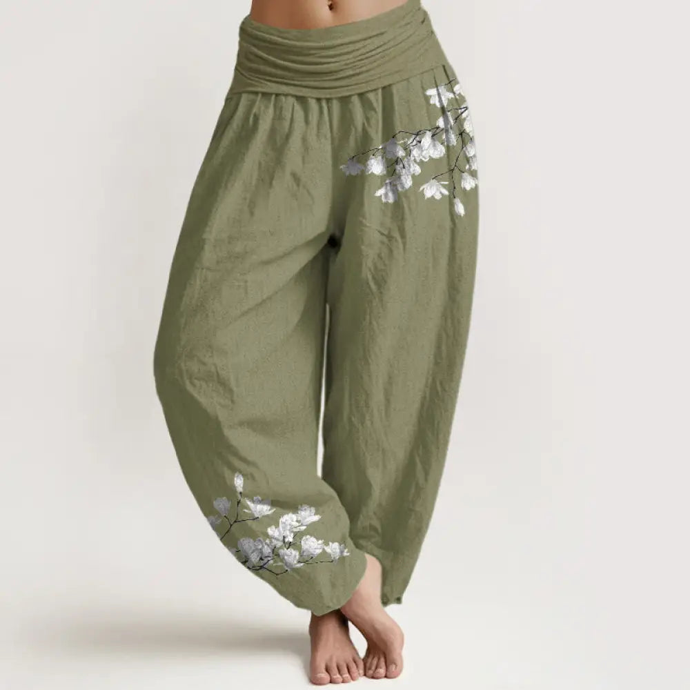 Buddha Stones Pure Cotton Minimalist Style Magnolia Flower Pattern Women’s Elastic Waist Harem Pants - OliveDrab