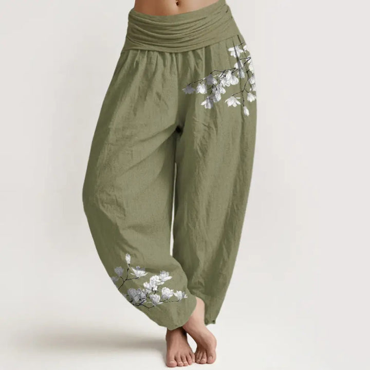 Buddha Stones Pure Cotton Minimalist Style Magnolia Flower Pattern Women’s Elastic Waist Harem Pants - OliveDrab