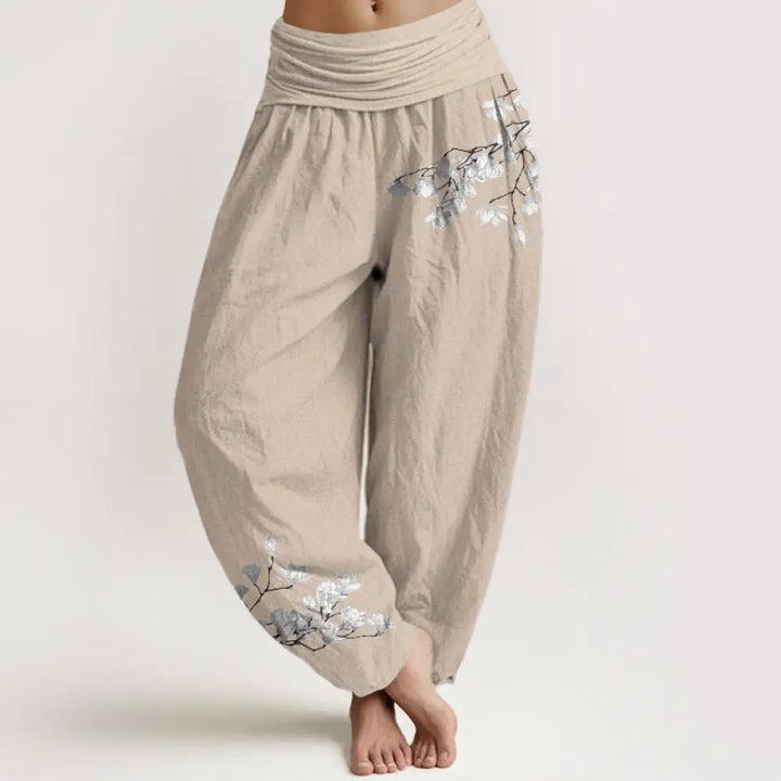 Buddha Stones Pure Cotton Minimalist Style Magnolia Flower Pattern Women’s Elastic Waist Harem Pants - Tan