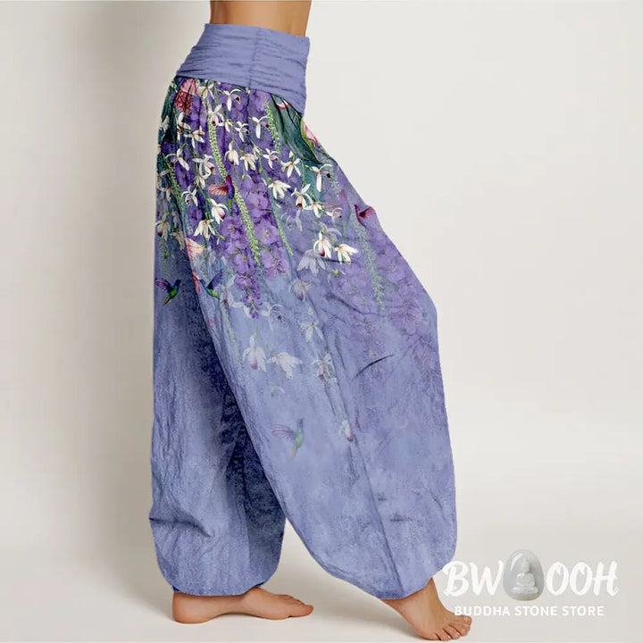 Buddha Stones Pure Cotton Orchid Birds Pattern Women’s Elastic Waist Harem Pants - Women’s Harem Pants