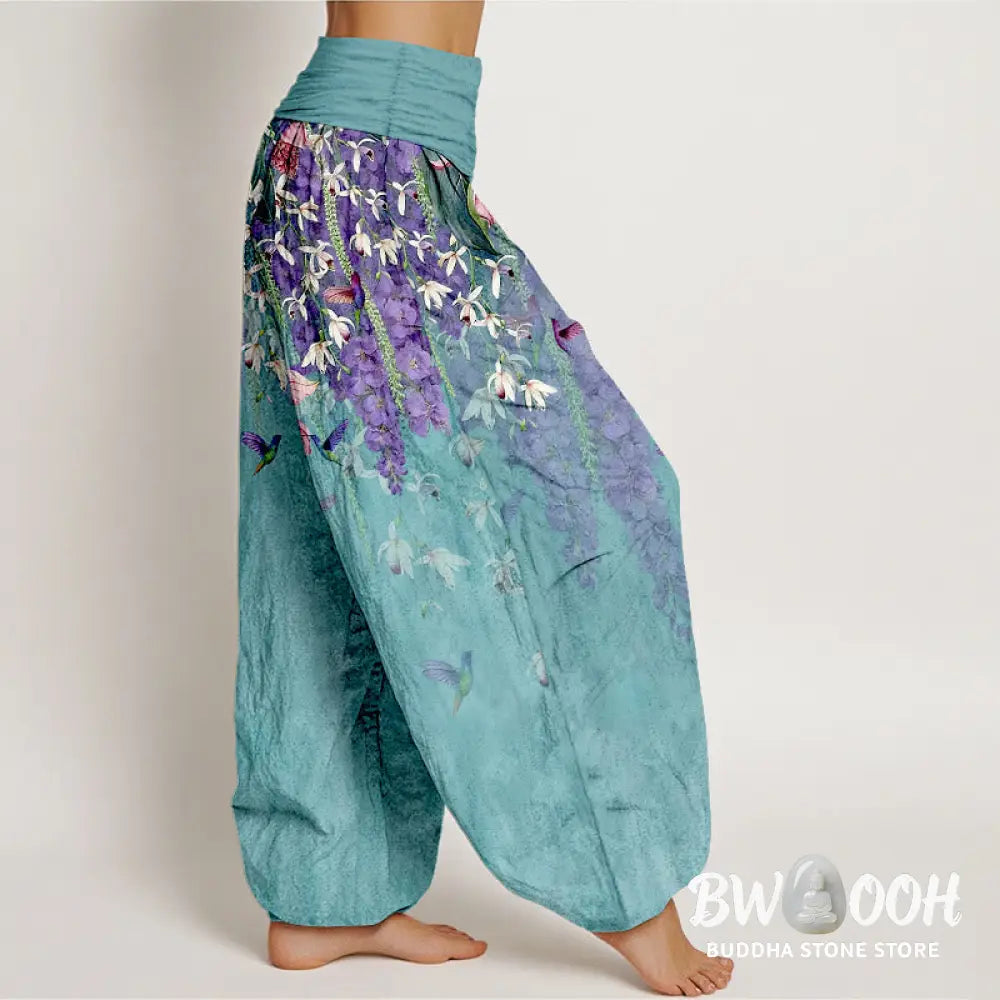 Buddha Stones Pure Cotton Orchid Birds Pattern Women’s Elastic Waist Harem Pants - Women’s Harem Pants
