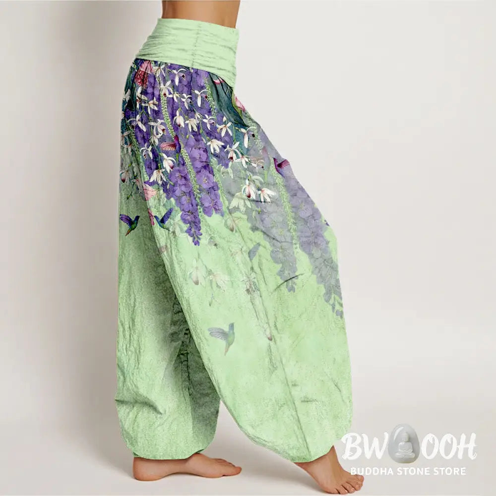 Buddha Stones Pure Cotton Orchid Birds Pattern Women’s Elastic Waist Harem Pants - Women’s Harem Pants