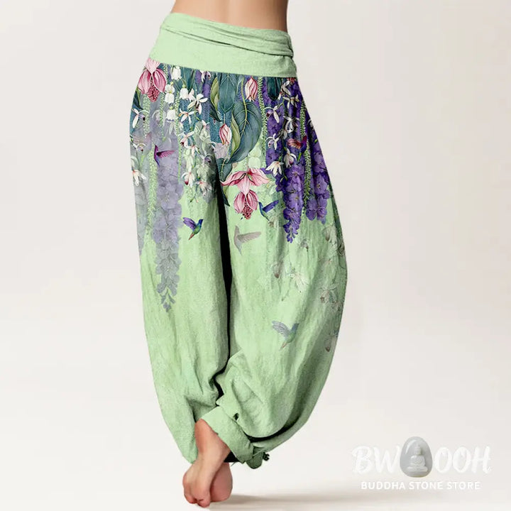 Buddha Stones Pure Cotton Orchid Birds Pattern Women’s Elastic Waist Harem Pants - Women’s Harem Pants