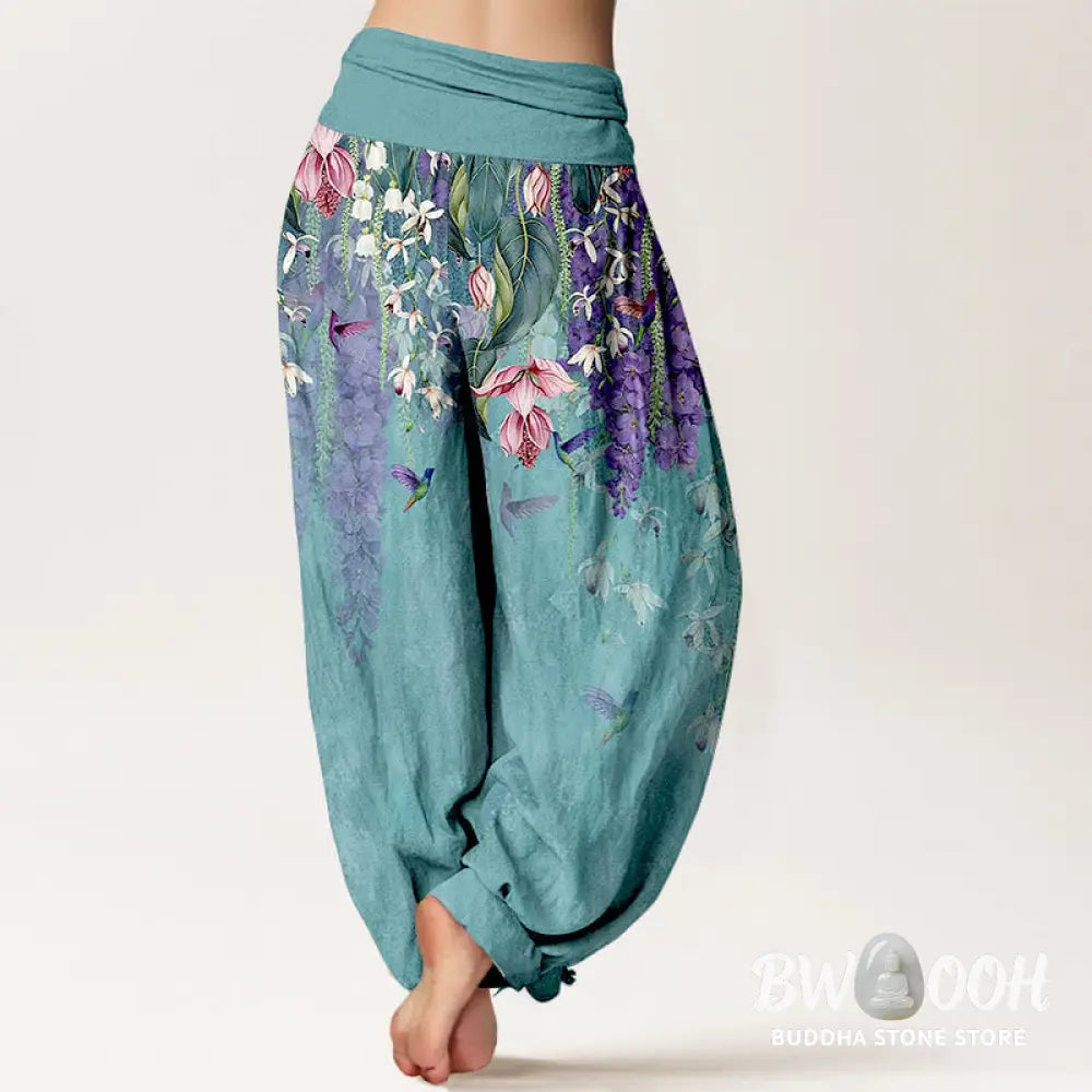 Buddha Stones Pure Cotton Orchid Birds Pattern Women’s Elastic Waist Harem Pants - Women’s Harem Pants