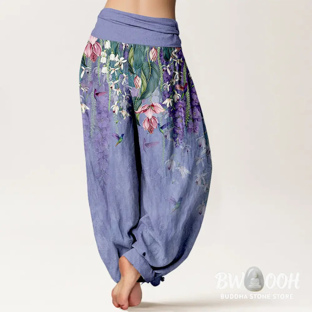 Buddha Stones Pure Cotton Orchid Birds Pattern Women’s Elastic Waist Harem Pants - Women’s Harem Pants