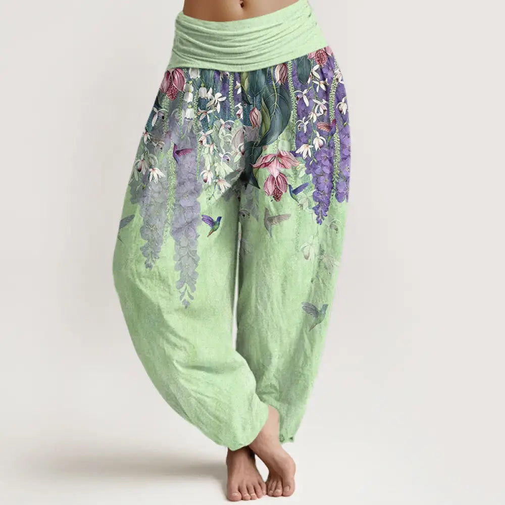 Buddha Stones Pure Cotton Orchid Birds Pattern Women’s Elastic Waist Harem Pants - Honeydew / US2，UK/AU6，EU34 (XS)