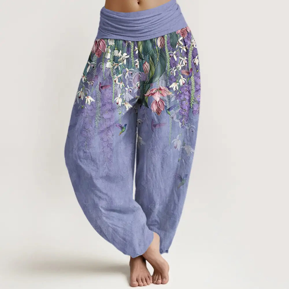 Buddha Stones Pure Cotton Orchid Birds Pattern Women’s Elastic Waist Harem Pants - MediumPurple / US2，UK/AU6，EU34 (XS)