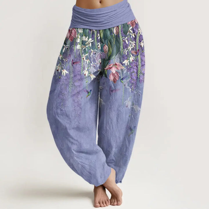 Buddha Stones Pure Cotton Orchid Birds Pattern Women’s Elastic Waist Harem Pants - MediumPurple / US2，UK/AU6，EU34 (XS)