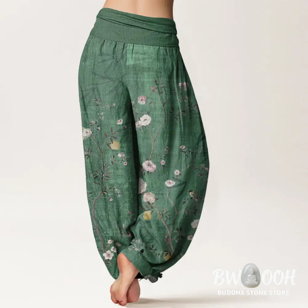 Buddha Stones Pure Cotton Pink White Flowers Bamboo Leaves Fruits Design Women’s Elastic Waist Harem Pants - Women’s