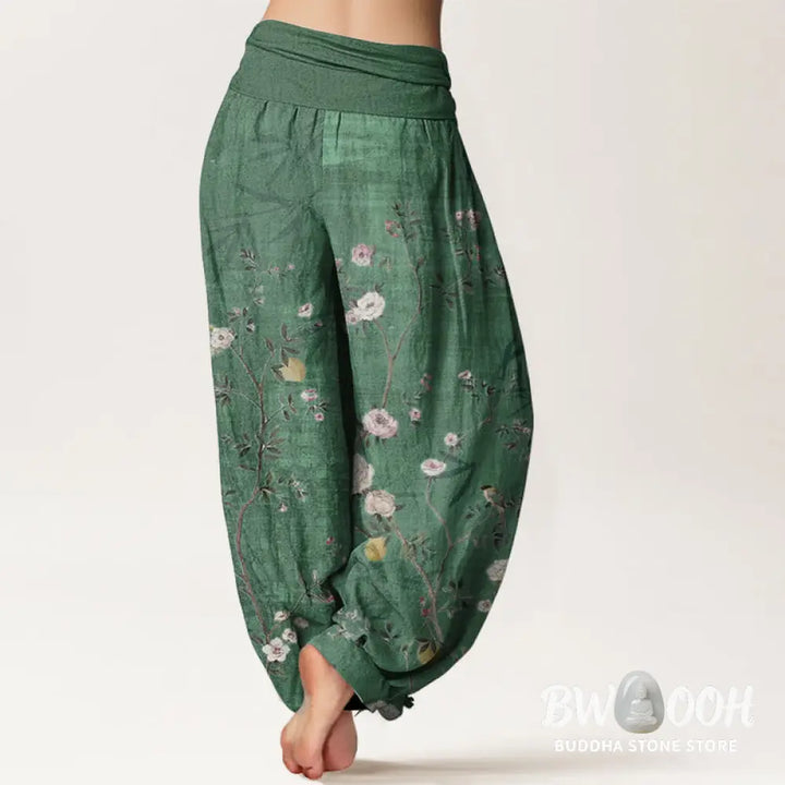 Buddha Stones Pure Cotton Pink White Flowers Bamboo Leaves Fruits Design Women’s Elastic Waist Harem Pants - Women’s