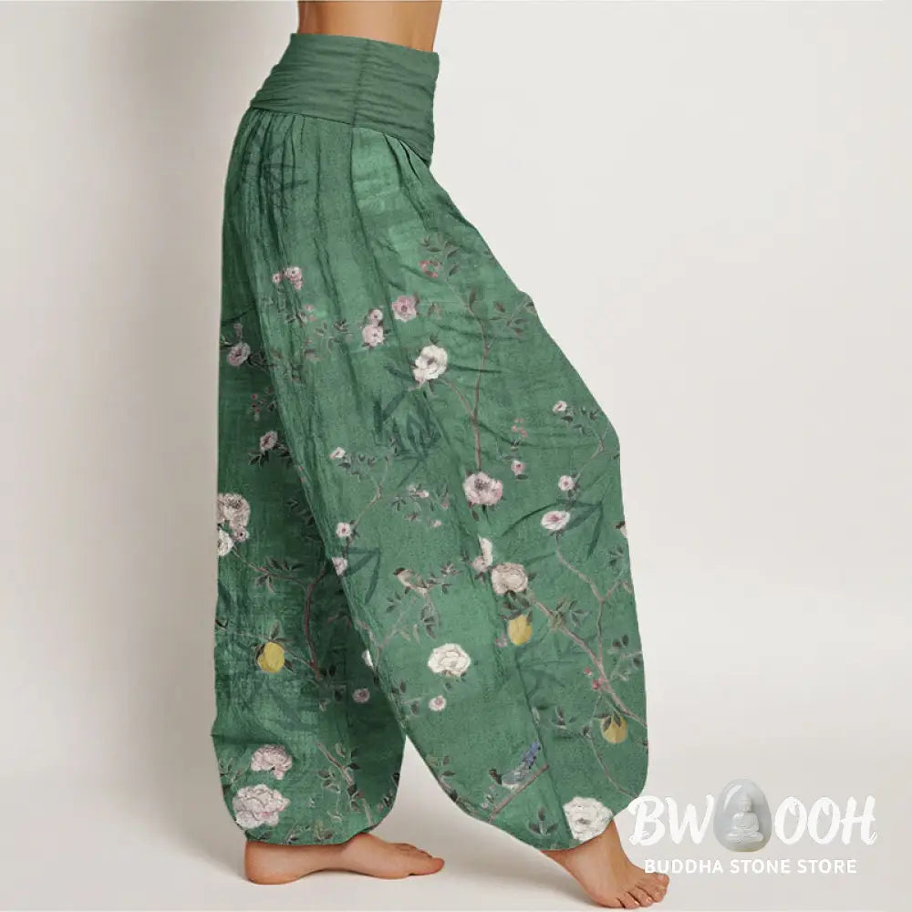 Buddha Stones Pure Cotton Pink White Flowers Bamboo Leaves Fruits Design Women’s Elastic Waist Harem Pants - Women’s