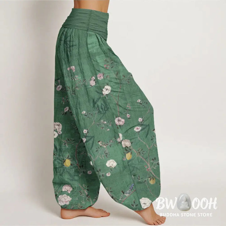 Buddha Stones Pure Cotton Pink White Flowers Bamboo Leaves Fruits Design Women’s Elastic Waist Harem Pants - Women’s