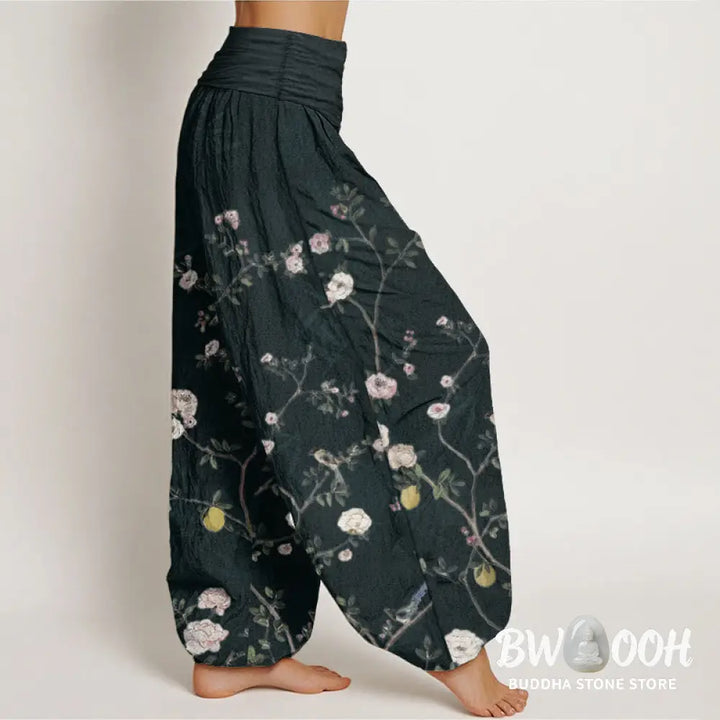 Buddha Stones Pure Cotton Pink White Flowers Bamboo Leaves Fruits Design Women’s Elastic Waist Harem Pants - Women’s
