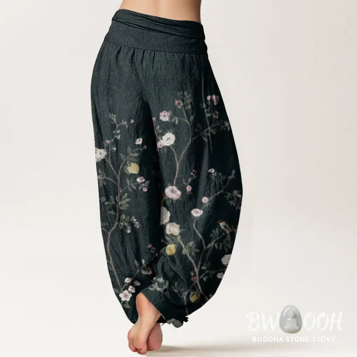 Buddha Stones Pure Cotton Pink White Flowers Bamboo Leaves Fruits Design Women’s Elastic Waist Harem Pants - Women’s