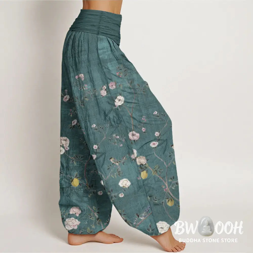Buddha Stones Pure Cotton Pink White Flowers Bamboo Leaves Fruits Design Women’s Elastic Waist Harem Pants - Women’s