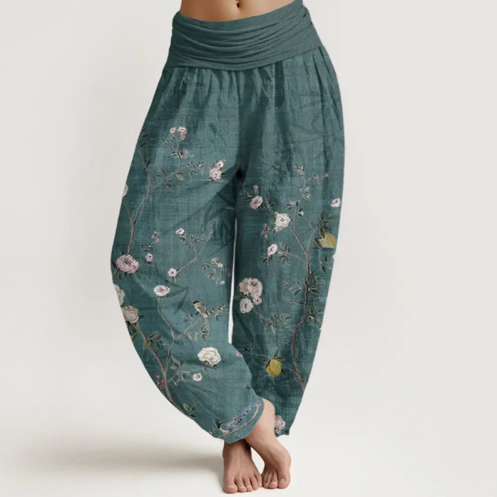 BWOOOH printed harem pants - Pure Cotton Pink White Flowers Bamboo Le