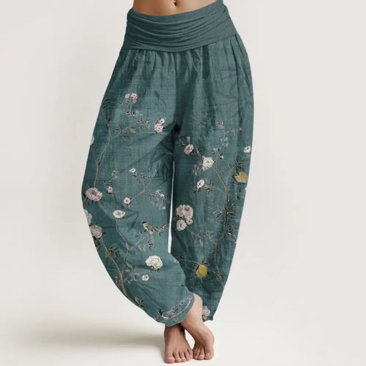 BWOOOH printed harem pants - Pure Cotton Pink White Flowers Bamboo Le