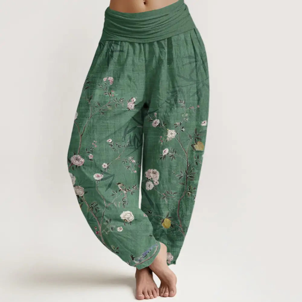 Buddha Stones Pure Cotton Pink White Flowers Bamboo Leaves Fruits Design Women’s Elastic Waist Harem Pants