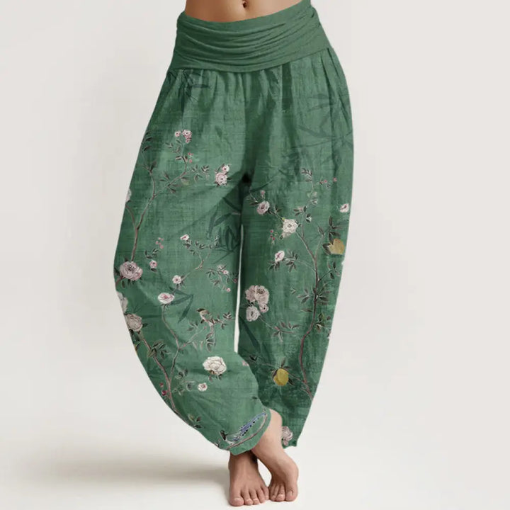 Buddha Stones Pure Cotton Pink White Flowers Bamboo Leaves Fruits Design Women’s Elastic Waist Harem Pants