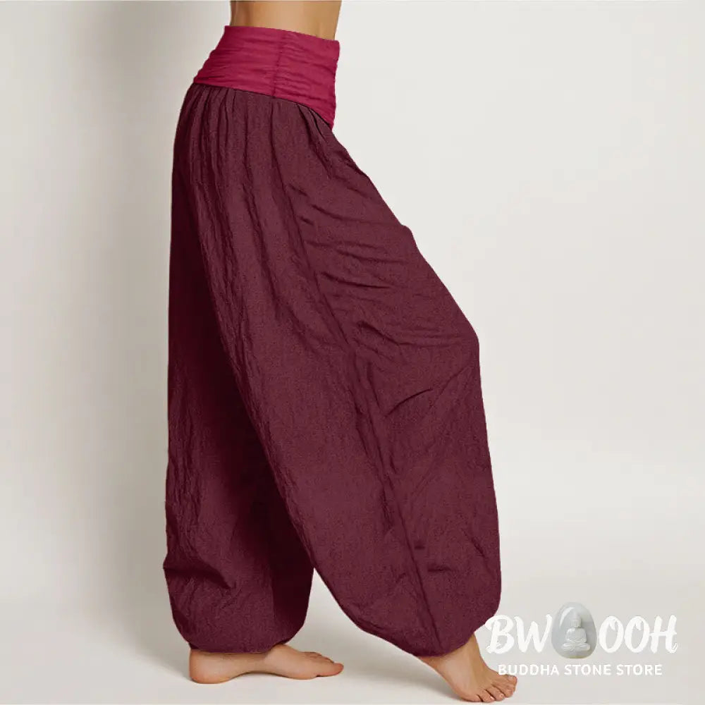 Buddha Stones Pure Cotton Plain Maroon Women’s Elastic Waist Harem Pants - Women’s Harem Pants