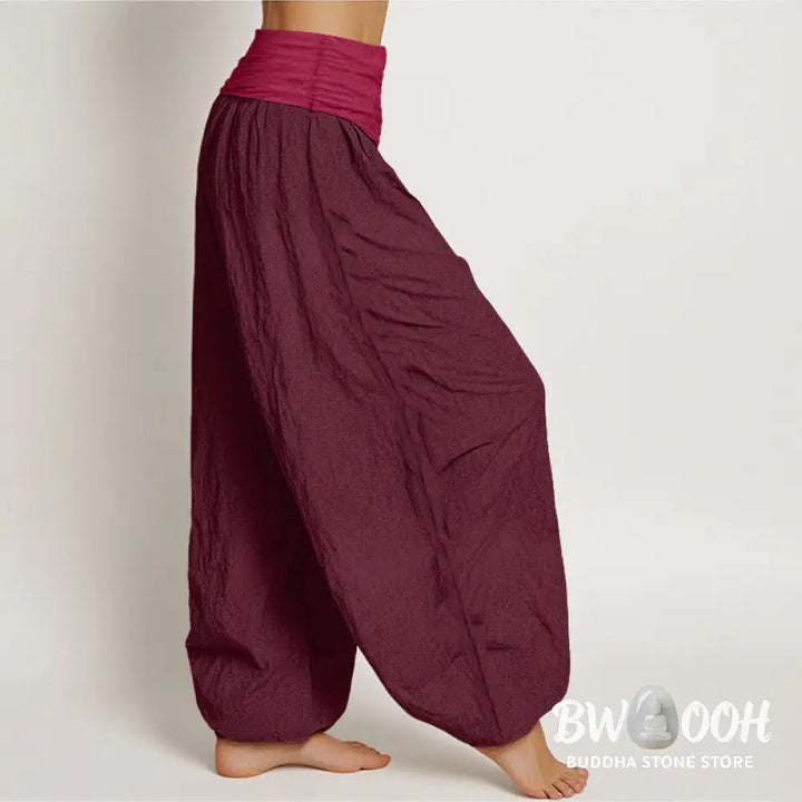 Buddha Stones Pure Cotton Plain Maroon Women’s Elastic Waist Harem Pants - Women’s Harem Pants