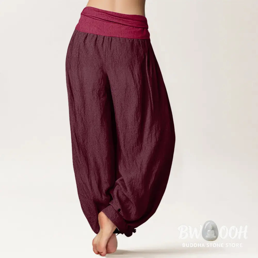 Buddha Stones Pure Cotton Plain Maroon Women’s Elastic Waist Harem Pants - Women’s Harem Pants