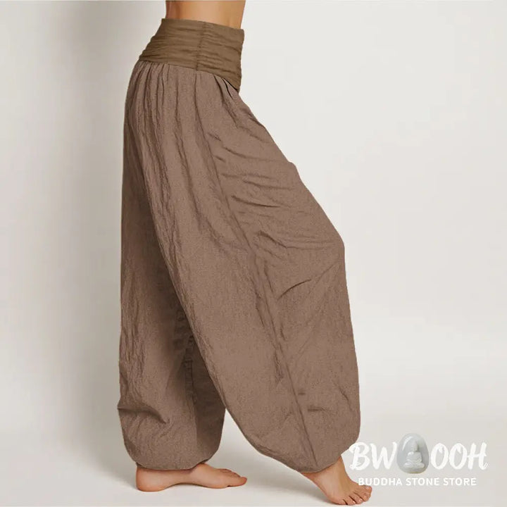 Buddha Stones Pure Cotton Plain Tan Women’s Elastic Waist Harem Pants - Women’s Harem Pants