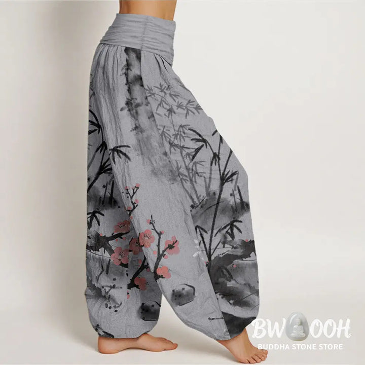 Buddha Stones Pure Cotton Plum Blossoms Bamboo Orchids Chrysanthemums Pattern Women’s Elastic Waist Harem Pants