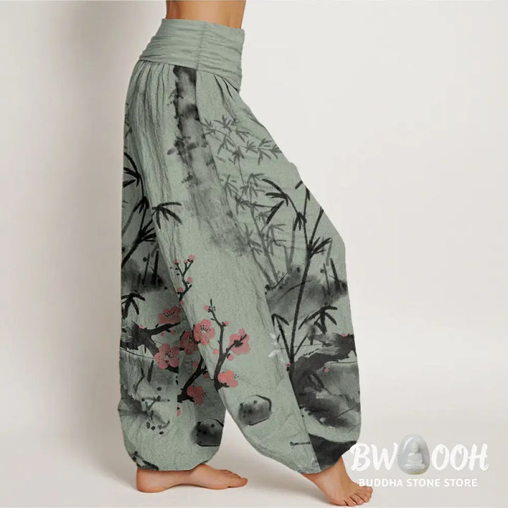 Buddha Stones Pure Cotton Plum Blossoms Bamboo Orchids Chrysanthemums Pattern Women’s Elastic Waist Harem Pants