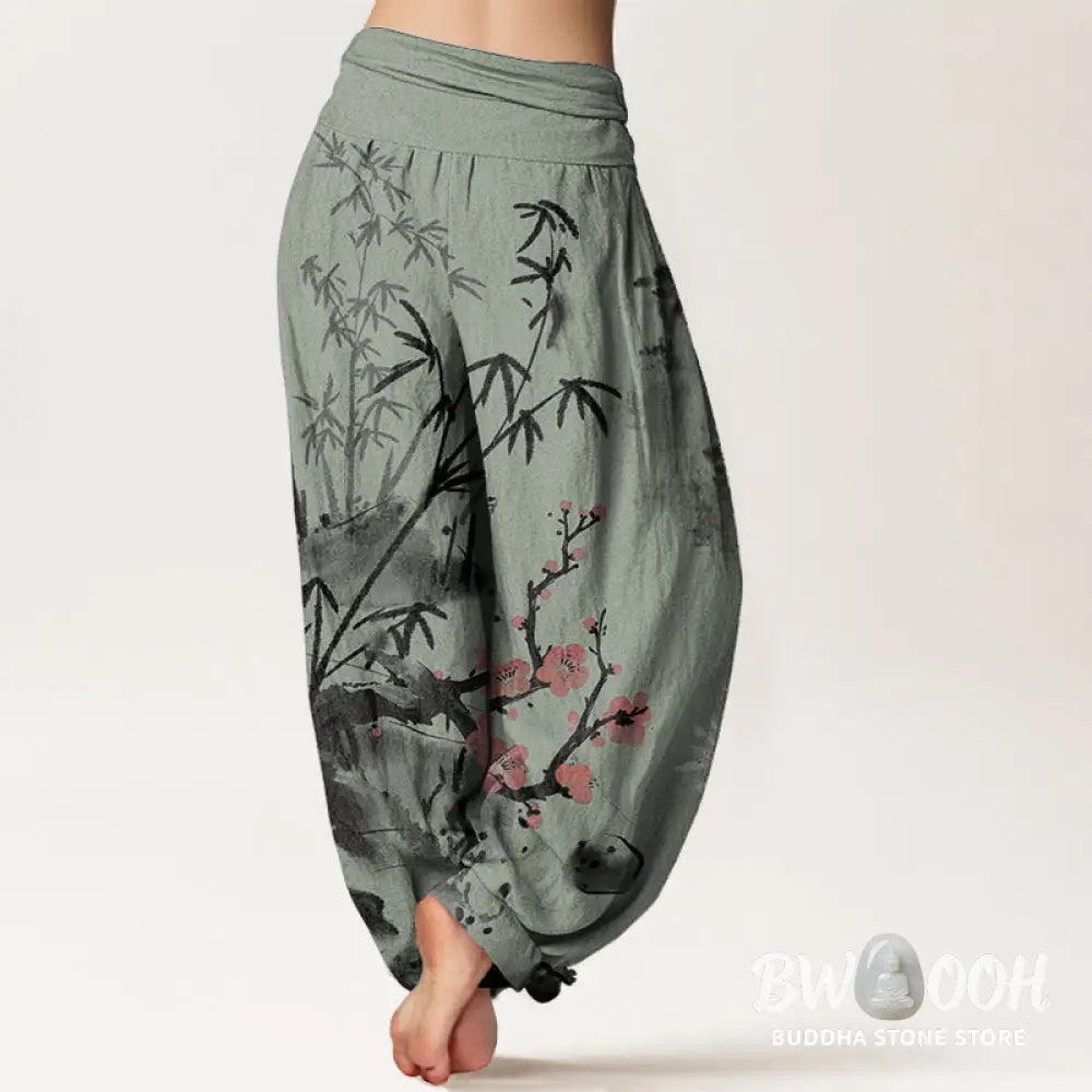 Buddha Stones Pure Cotton Plum Blossoms Bamboo Orchids Chrysanthemums Pattern Women’s Elastic Waist Harem Pants