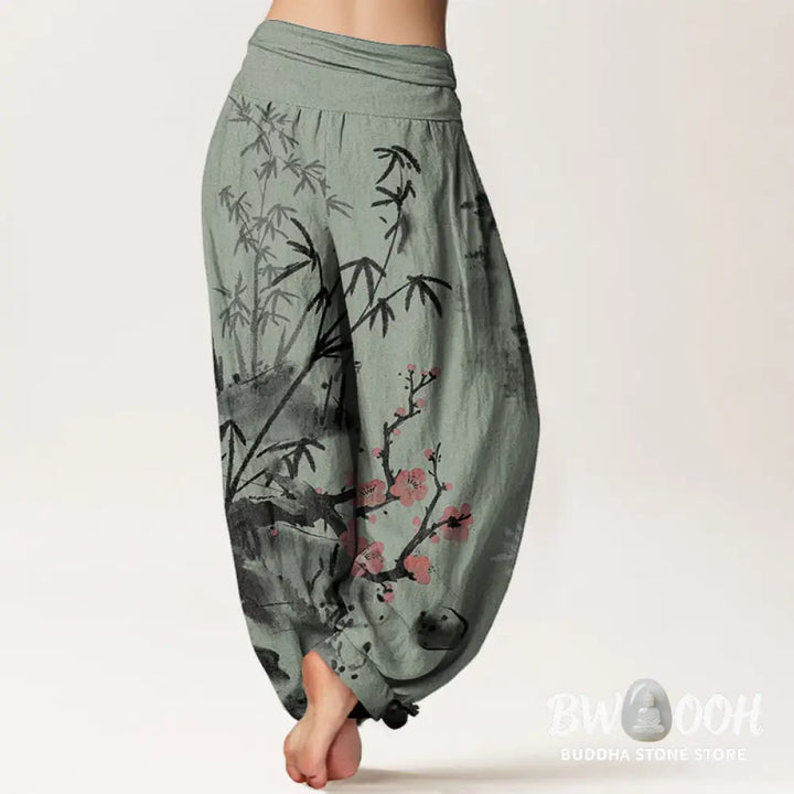 Buddha Stones Pure Cotton Plum Blossoms Bamboo Orchids Chrysanthemums Pattern Women’s Elastic Waist Harem Pants