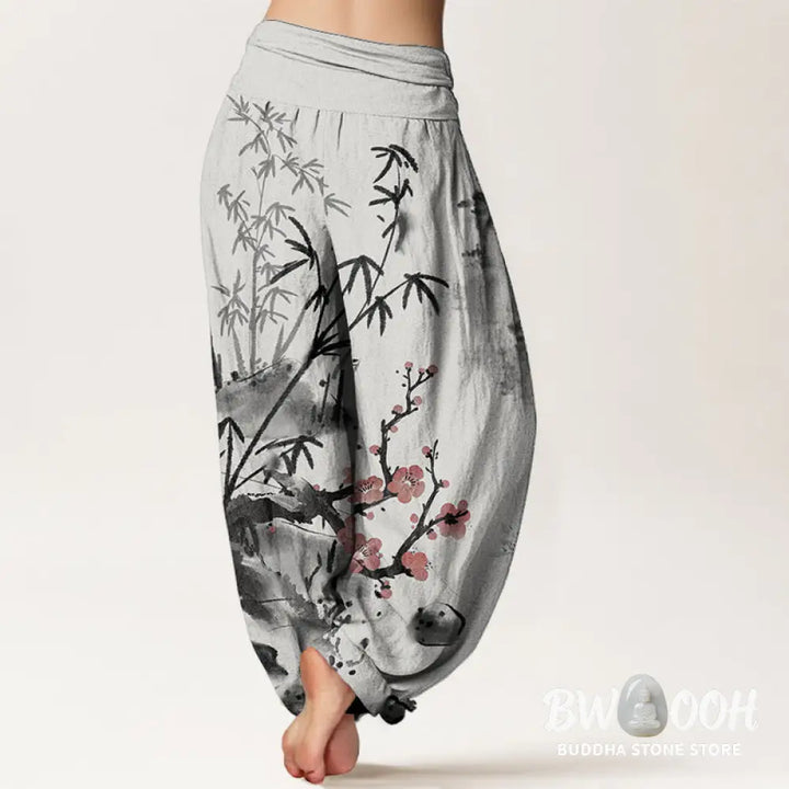 Buddha Stones Pure Cotton Plum Blossoms Bamboo Orchids Chrysanthemums Pattern Women’s Elastic Waist Harem Pants