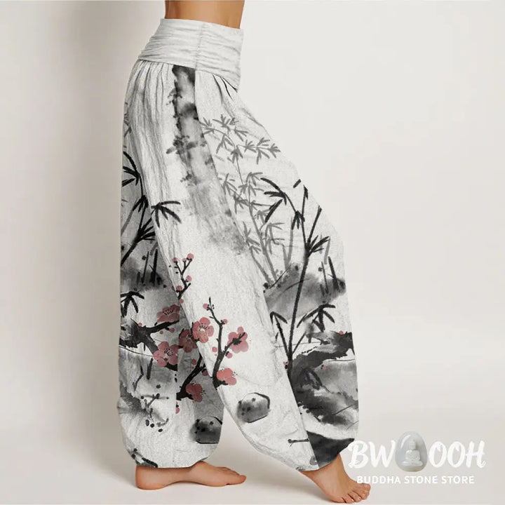 Buddha Stones Pure Cotton Plum Blossoms Bamboo Orchids Chrysanthemums Pattern Women’s Elastic Waist Harem Pants
