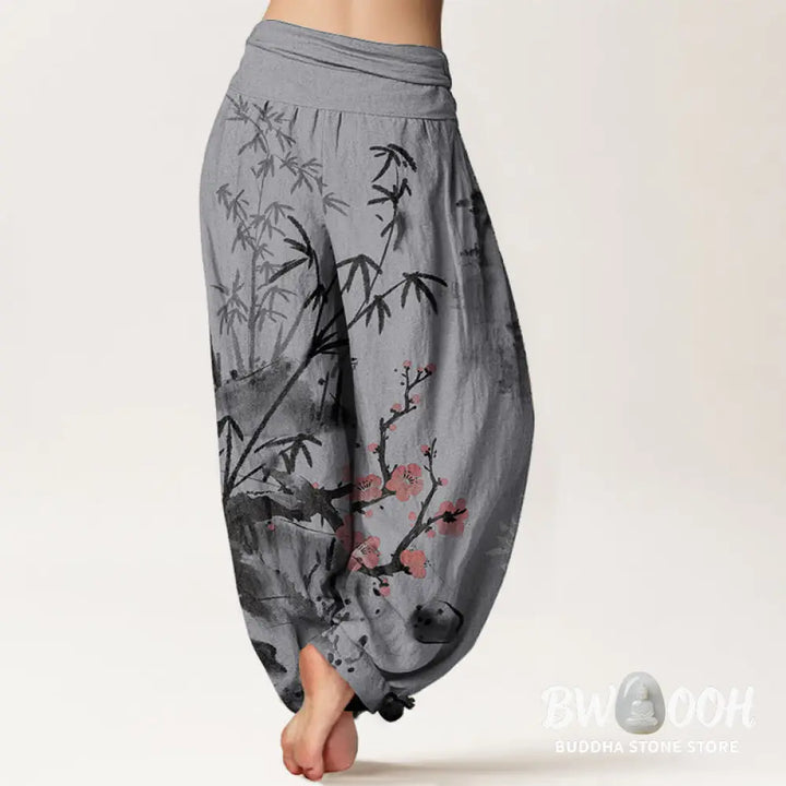 Buddha Stones Pure Cotton Plum Blossoms Bamboo Orchids Chrysanthemums Pattern Women’s Elastic Waist Harem Pants