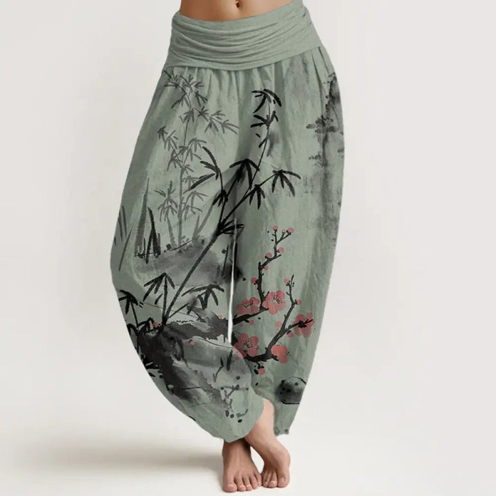 Buddha Stones Pure Cotton Plum Blossoms Bamboo Orchids Chrysanthemums Pattern Women’s Elastic Waist Harem Pants