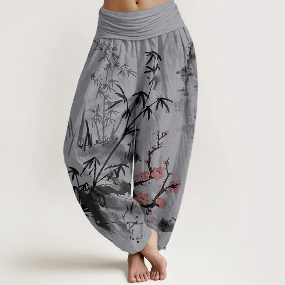 Buddha Stones Pure Cotton Plum Blossoms Bamboo Orchids Chrysanthemums Pattern Women’s Elastic Waist Harem Pants