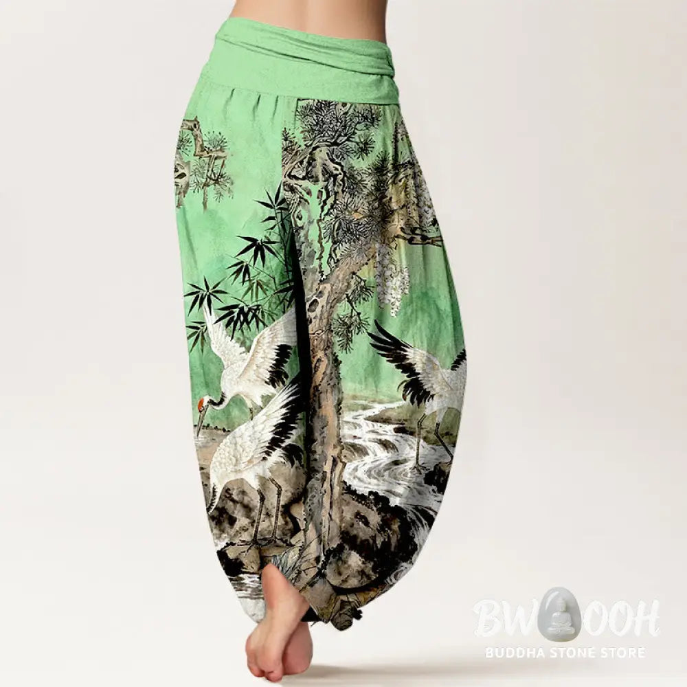 Buddha Stones Pure Cotton Red-crowned Crane Stream Pattern Women’s Elastic Waist Harem Pants - Women’s Harem Pants