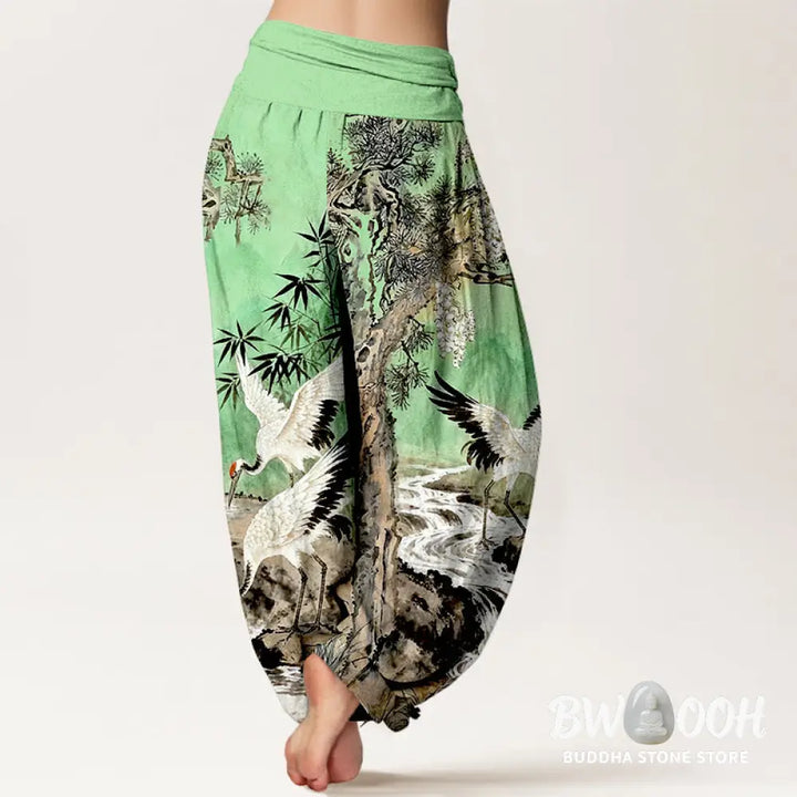Buddha Stones Pure Cotton Red-crowned Crane Stream Pattern Women’s Elastic Waist Harem Pants - Women’s Harem Pants