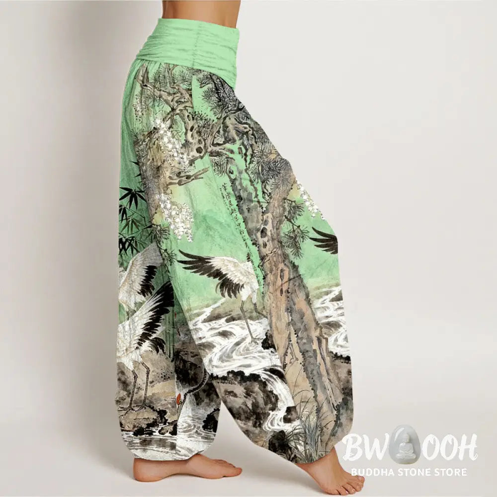 Buddha Stones Pure Cotton Red-crowned Crane Stream Pattern Women’s Elastic Waist Harem Pants - Women’s Harem Pants