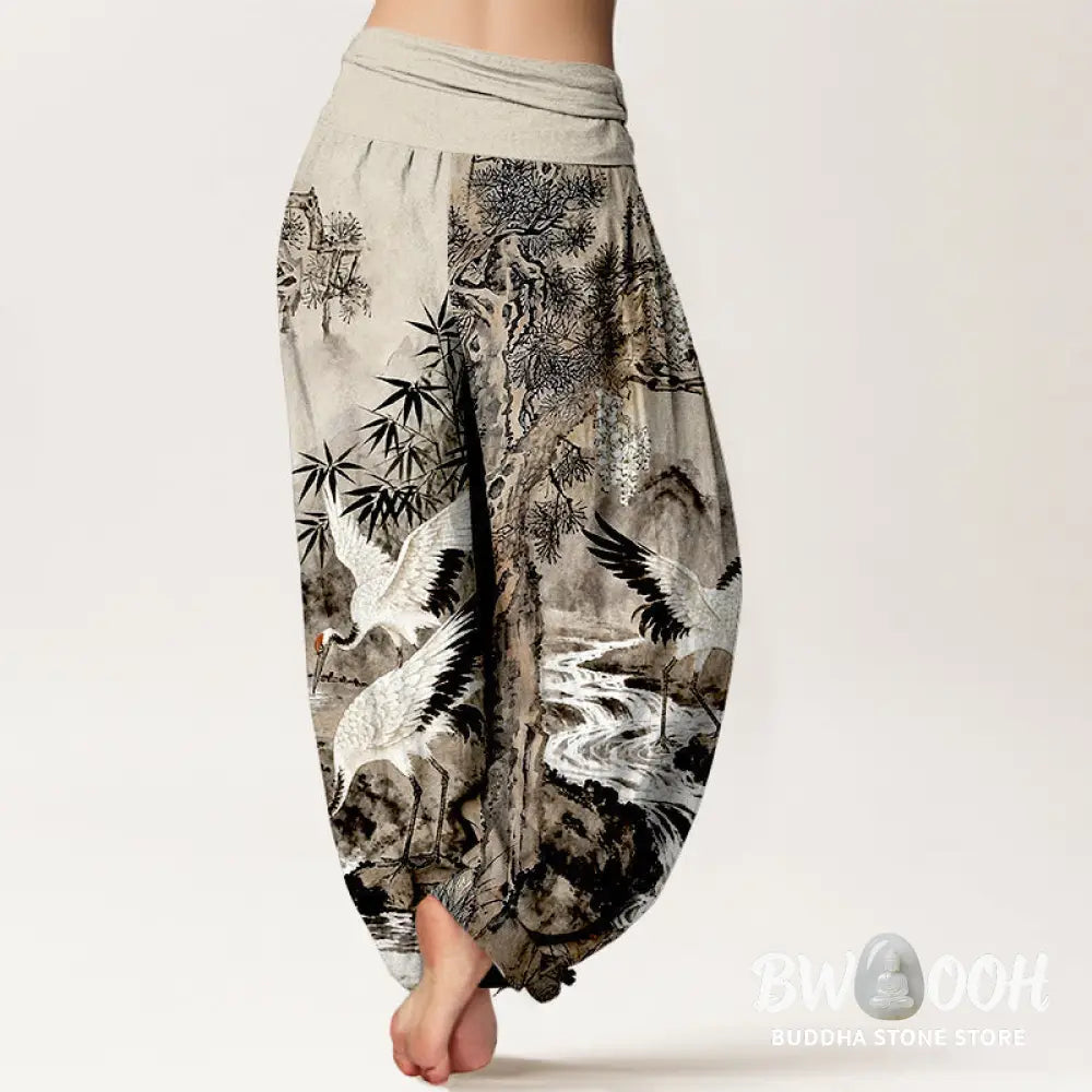 Buddha Stones Pure Cotton Red-crowned Crane Stream Pattern Women’s Elastic Waist Harem Pants - Women’s Harem Pants