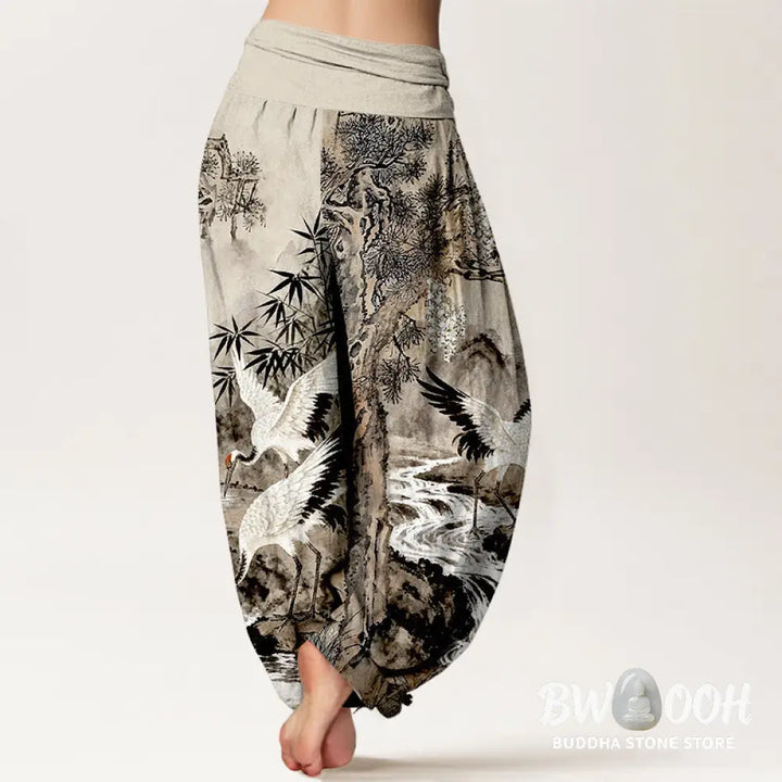 Buddha Stones Pure Cotton Red-crowned Crane Stream Pattern Women’s Elastic Waist Harem Pants - Women’s Harem Pants