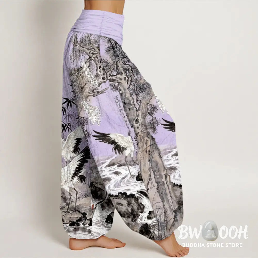 Buddha Stones Pure Cotton Red-crowned Crane Stream Pattern Women’s Elastic Waist Harem Pants - Women’s Harem Pants