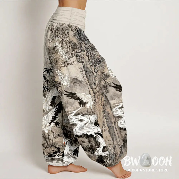 Buddha Stones Pure Cotton Red-crowned Crane Stream Pattern Women’s Elastic Waist Harem Pants - Women’s Harem Pants